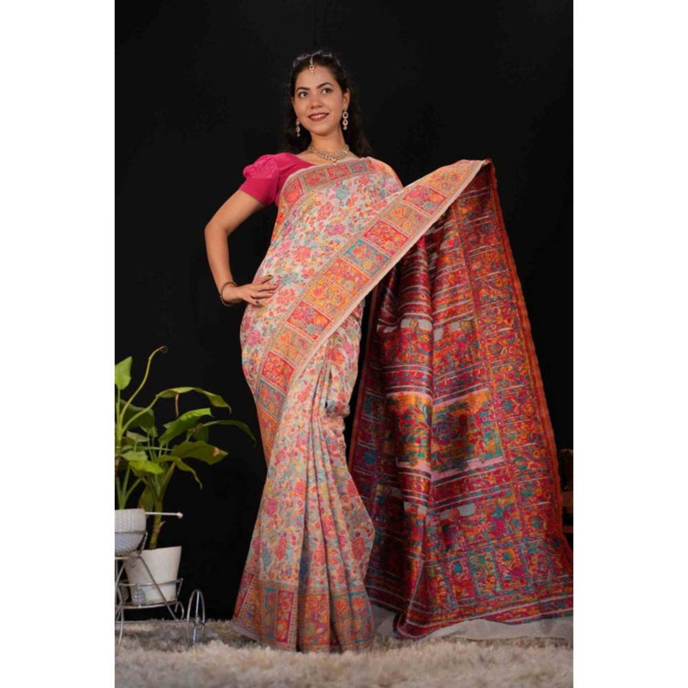 Isadora Life Womens Floral Printed Multi-Color Pre-Draped Saree with Unstitched Blouse