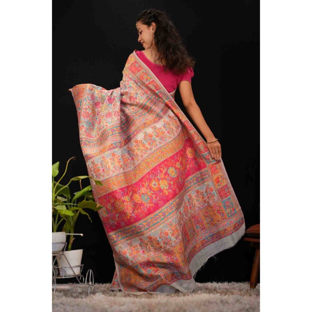 Isadora Life Womens Floral Printed Multi-Color Pre-Draped Saree with Unstitched Blouse