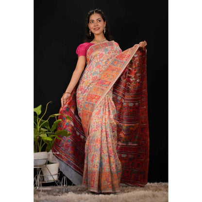 Isadora Life Womens Floral Printed Multi-Color Pre-Draped Saree with Unstitched Blouse