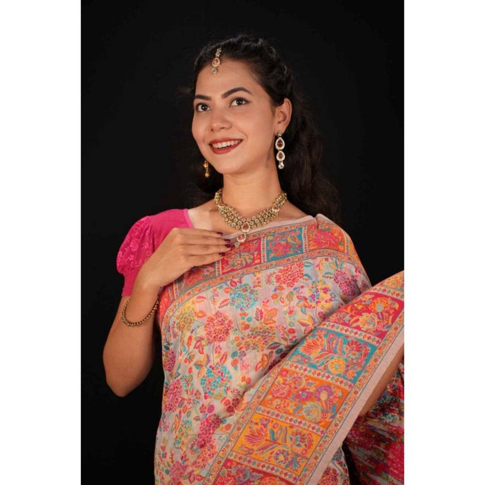 Isadora Life Womens Floral Printed Multi-Color Pre-Draped Saree with Unstitched Blouse