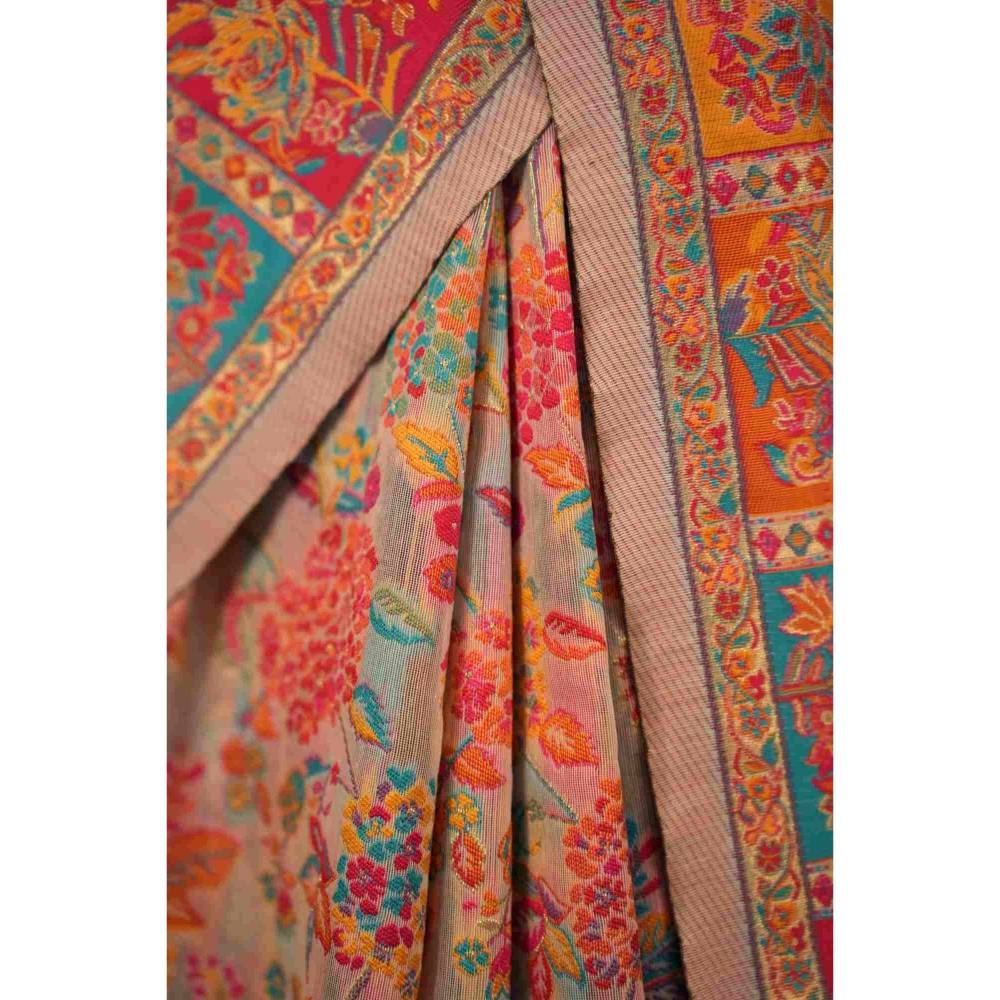 Isadora Life Womens Floral Printed Multi-Color Pre-Draped Saree with Unstitched Blouse