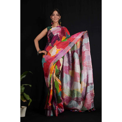 Isadora Life Womens Abstract Tassels Multi-Color Pre-Draped Saree with Unstitched Blouse