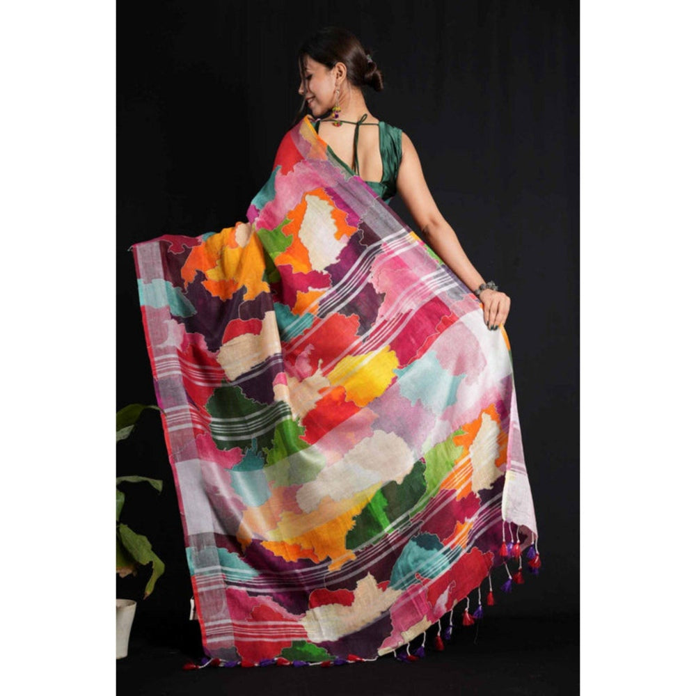 Isadora Life Womens Abstract Tassels Multi-Color Pre-Draped Saree with Unstitched Blouse