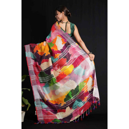 Isadora Life Womens Abstract Tassels Multi-Color Pre-Draped Saree with Unstitched Blouse