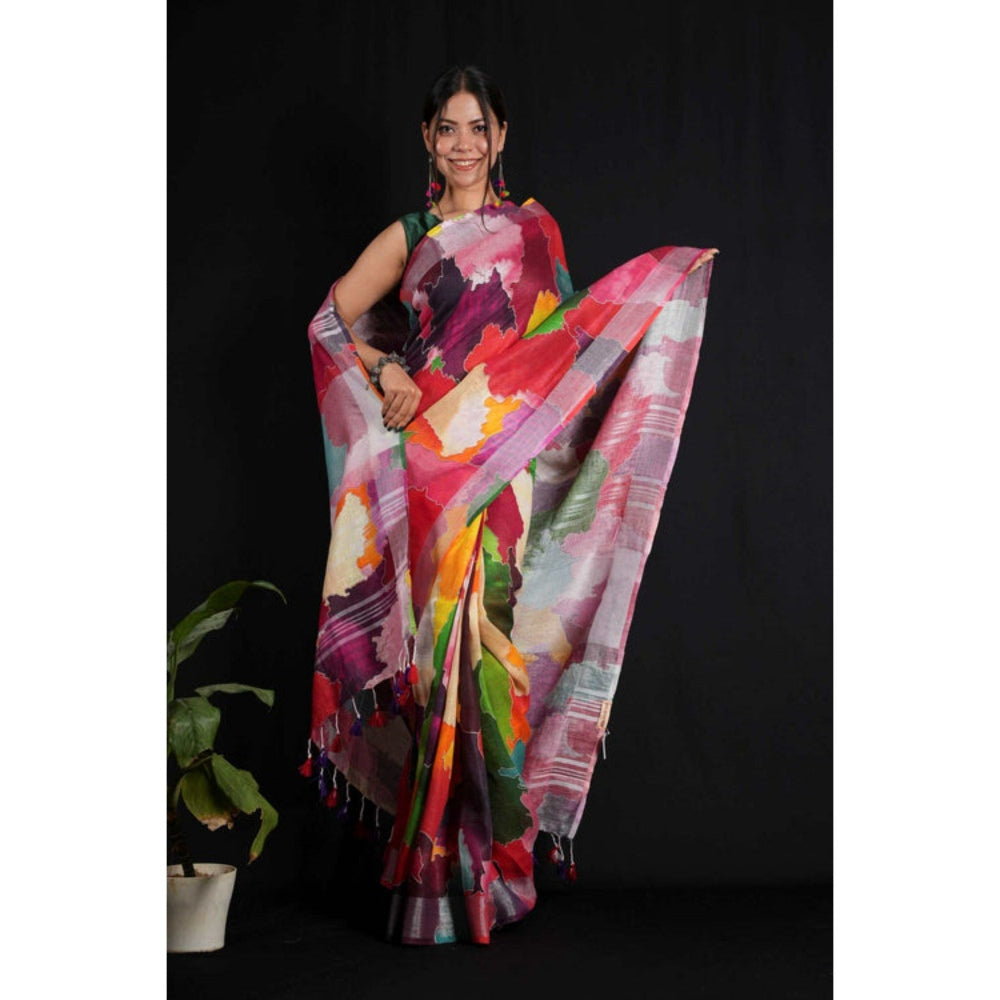 Isadora Life Womens Abstract Tassels Multi-Color Pre-Draped Saree with Unstitched Blouse