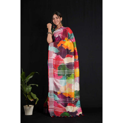 Isadora Life Womens Abstract Tassels Multi-Color Pre-Draped Saree with Unstitched Blouse