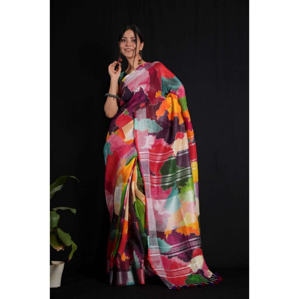 Isadora Life Womens Abstract Tassels Multi-Color Pre-Draped Saree with Unstitched Blouse