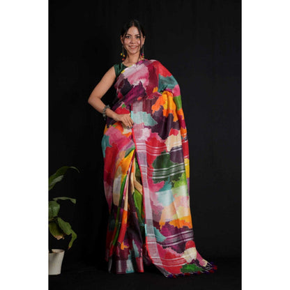 Isadora Life Womens Abstract Tassels Multi-Color Pre-Draped Saree with Unstitched Blouse