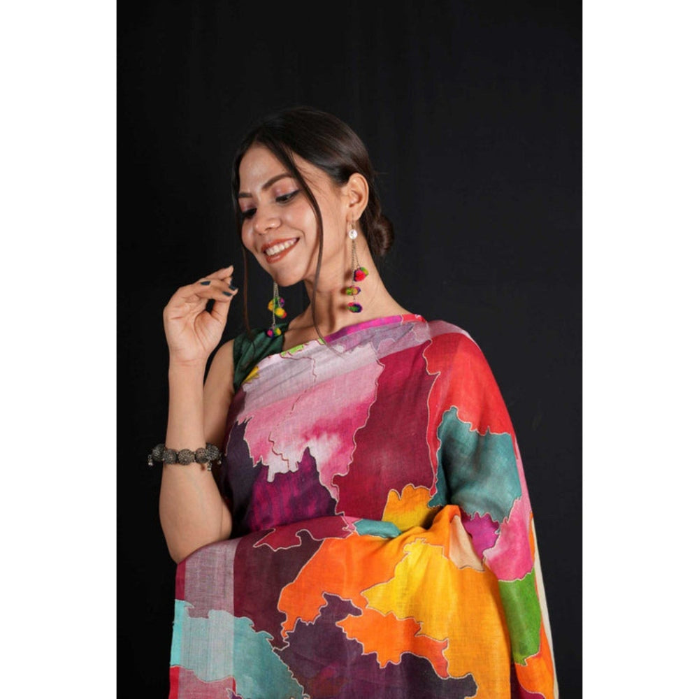 Isadora Life Womens Abstract Tassels Multi-Color Pre-Draped Saree with Unstitched Blouse