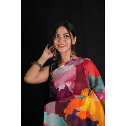 Isadora Life Womens Abstract Tassels Multi-Color Pre-Draped Saree with Unstitched Blouse