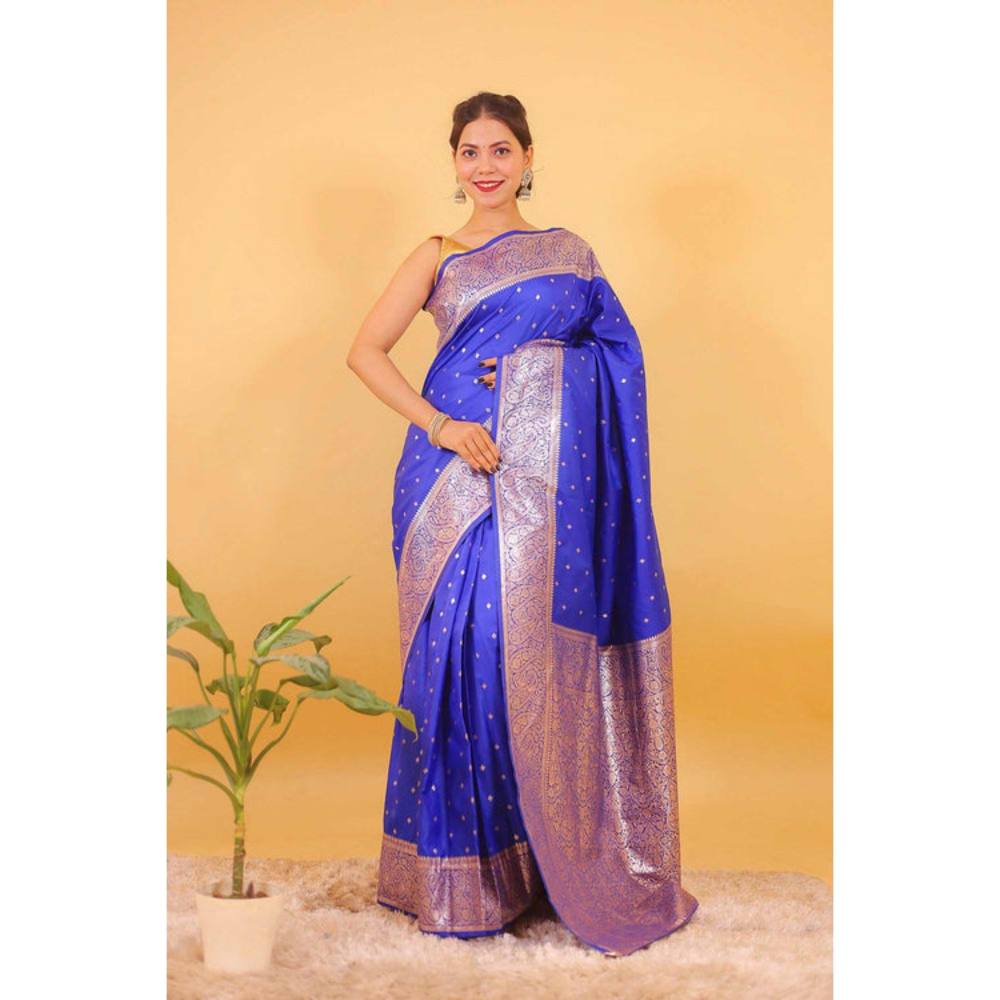 Isadora Life Womens Woven Zari Blue Pre-Draped Saree with Unstitched Blouse