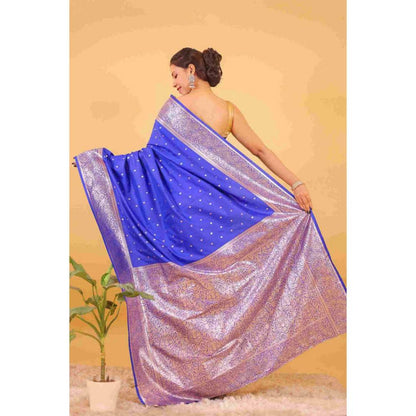 Isadora Life Womens Woven Zari Blue Pre-Draped Saree with Unstitched Blouse