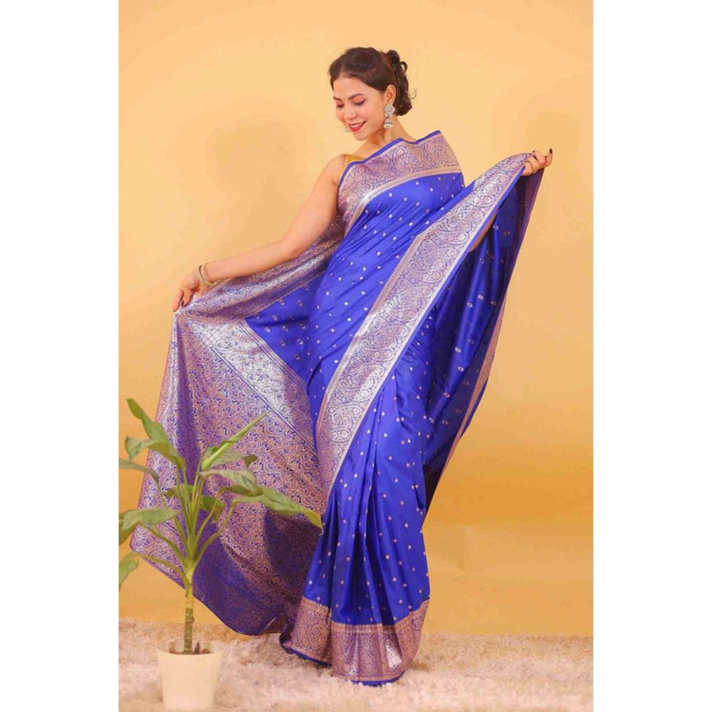 Isadora Life Womens Woven Zari Blue Pre-Draped Saree with Unstitched Blouse