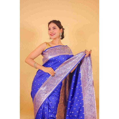 Isadora Life Womens Woven Zari Blue Pre-Draped Saree with Unstitched Blouse