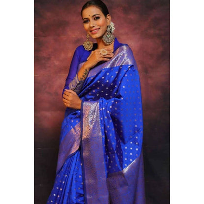 Isadora Life Womens Woven Zari Blue Pre-Draped Saree with Unstitched Blouse
