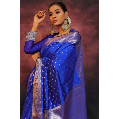 Isadora Life Womens Woven Zari Blue Pre-Draped Saree with Unstitched Blouse