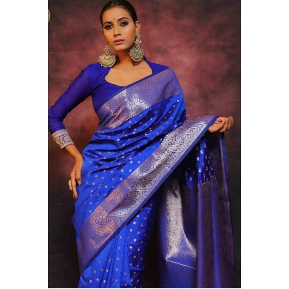 Isadora Life Womens Woven Zari Blue Pre-Draped Saree with Unstitched Blouse