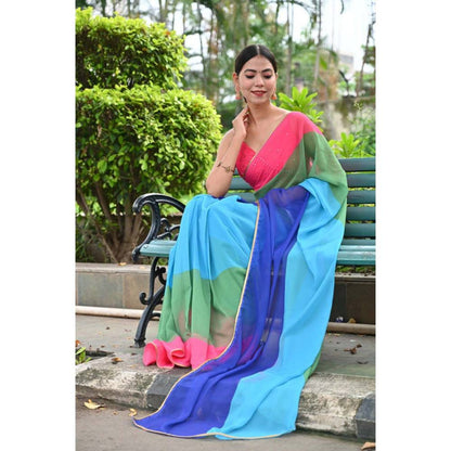 Isadora Life Womens Colorblock Printed Multi-Color Pre-Draped Saree with Unstitched Blouse