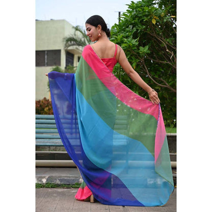 Isadora Life Womens Colorblock Printed Multi-Color Pre-Draped Saree with Unstitched Blouse