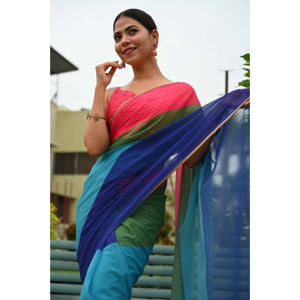 Isadora Life Womens Colorblock Printed Multi-Color Pre-Draped Saree with Unstitched Blouse