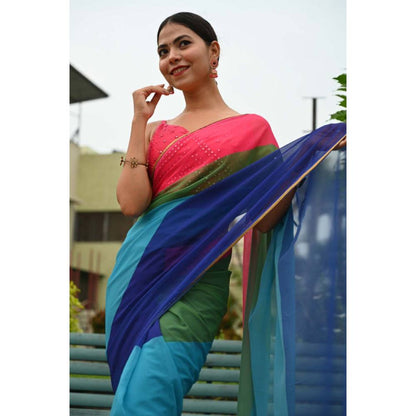 Isadora Life Womens Colorblock Printed Multi-Color Pre-Draped Saree with Unstitched Blouse