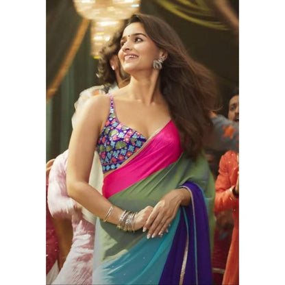 Isadora Life Womens Colorblock Printed Multi-Color Pre-Draped Saree with Unstitched Blouse