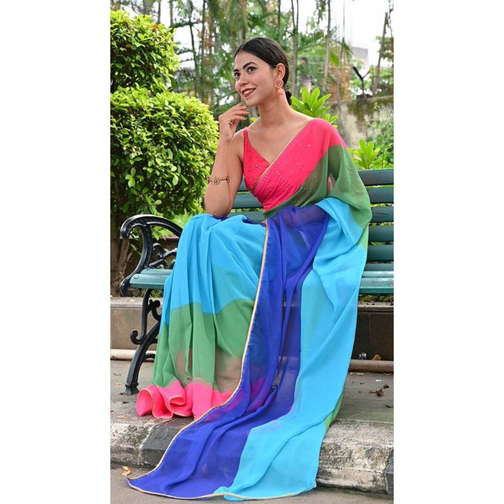 Isadora Life Womens Colorblock Printed Multi-Color Pre-Draped Saree with Unstitched Blouse