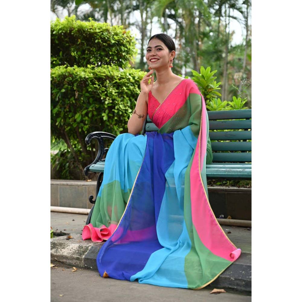 Isadora Life Womens Colorblock Printed Multi-Color Pre-Draped Saree with Unstitched Blouse