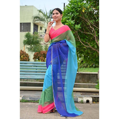 Isadora Life Womens Colorblock Printed Multi-Color Pre-Draped Saree with Unstitched Blouse
