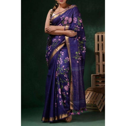 Isadora Life Womens Floral Tassels Blue Pre-Draped Saree with Unstitched Blouse