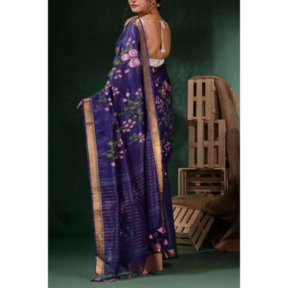 Isadora Life Womens Floral Tassels Blue Pre-Draped Saree with Unstitched Blouse