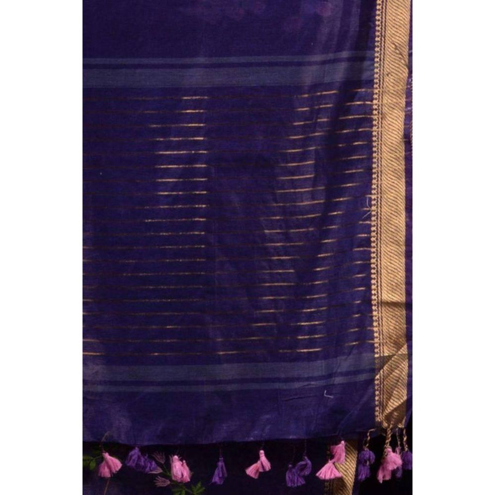 Isadora Life Womens Floral Tassels Blue Pre-Draped Saree with Unstitched Blouse