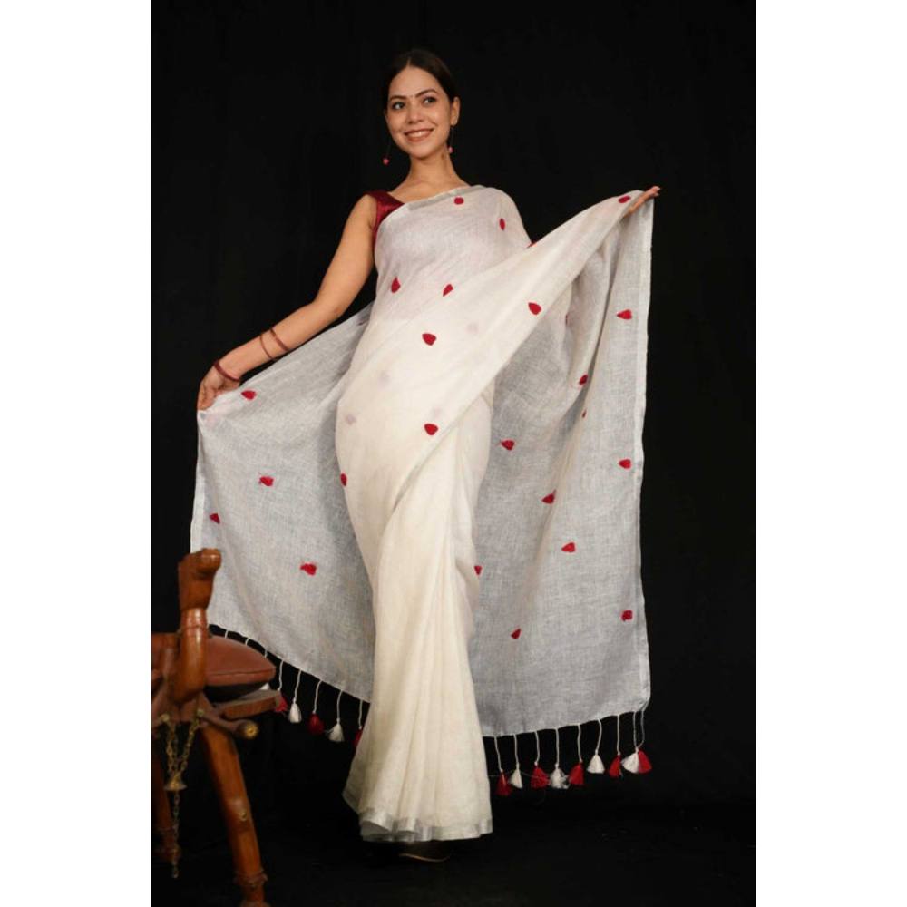 Isadora Life Womens Embroidered Tassels White Pre-Draped Saree with Unstitched Blouse