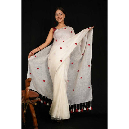 Isadora Life Womens Embroidered Tassels White Pre-Draped Saree with Unstitched Blouse