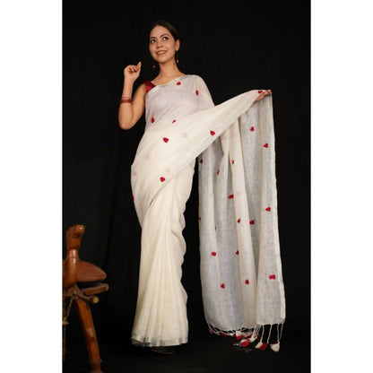 Isadora Life Womens Embroidered Tassels White Pre-Draped Saree with Unstitched Blouse