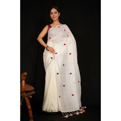 Isadora Life Womens Embroidered Tassels White Pre-Draped Saree with Unstitched Blouse