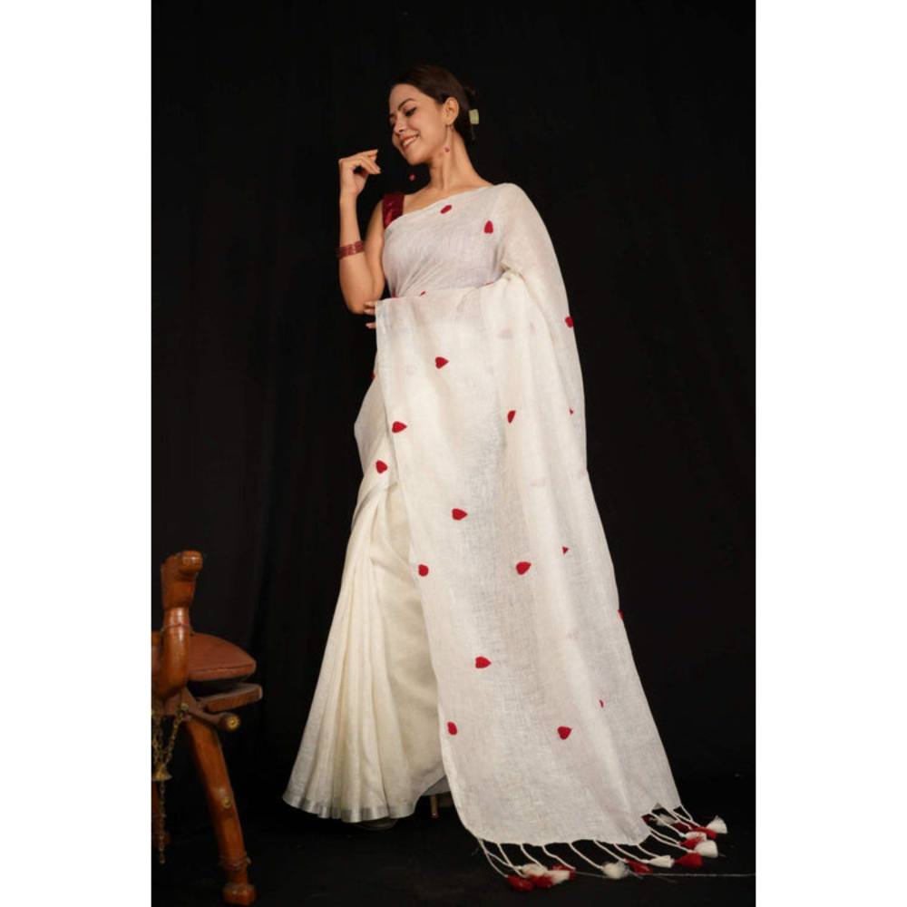 Isadora Life Womens Embroidered Tassels White Pre-Draped Saree with Unstitched Blouse