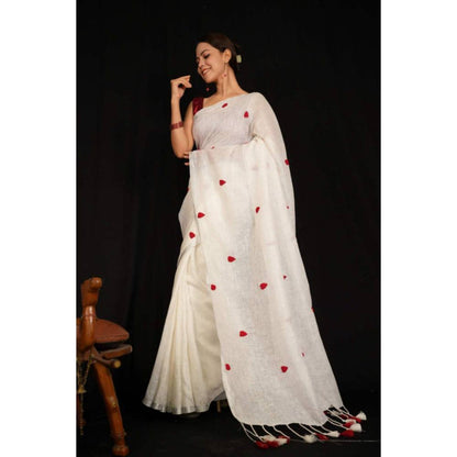Isadora Life Womens Embroidered Tassels White Pre-Draped Saree with Unstitched Blouse