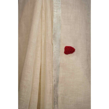 Isadora Life Womens Embroidered Tassels White Pre-Draped Saree with Unstitched Blouse