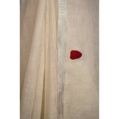 Isadora Life Womens Embroidered Tassels White Pre-Draped Saree with Unstitched Blouse