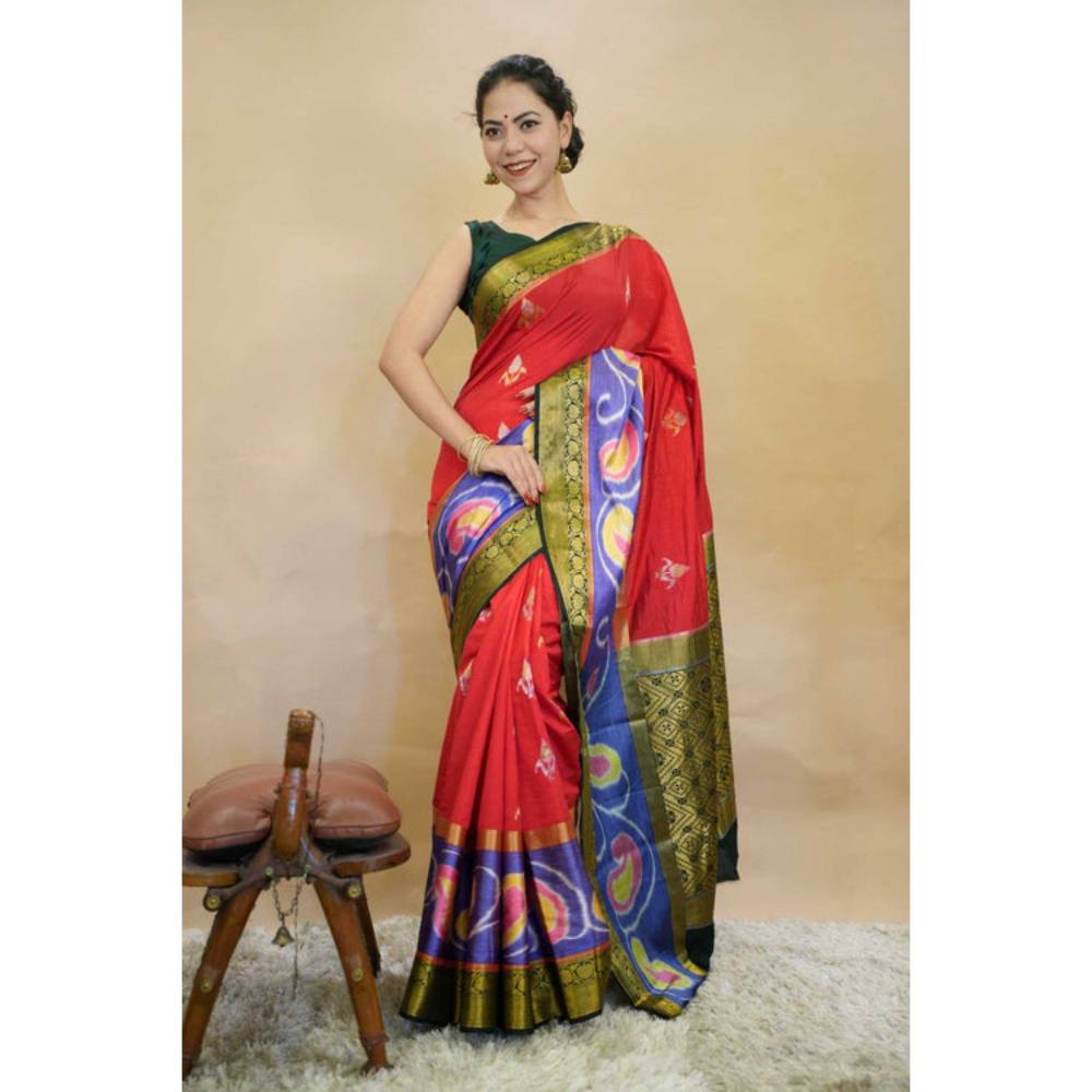 Isadora Life Womens Printed Zari Red Pre-Draped Saree with Unstitched Blouse