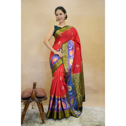 Isadora Life Womens Printed Zari Red Pre-Draped Saree with Unstitched Blouse