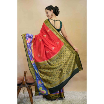 Isadora Life Womens Printed Zari Red Pre-Draped Saree with Unstitched Blouse