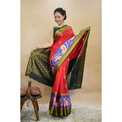 Isadora Life Womens Printed Zari Red Pre-Draped Saree with Unstitched Blouse