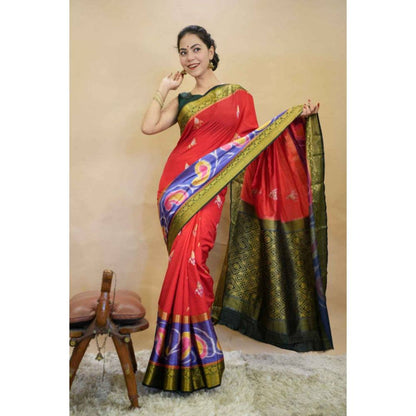 Isadora Life Womens Printed Zari Red Pre-Draped Saree with Unstitched Blouse