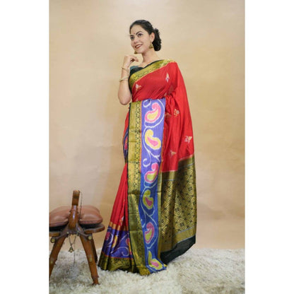 Isadora Life Womens Printed Zari Red Pre-Draped Saree with Unstitched Blouse
