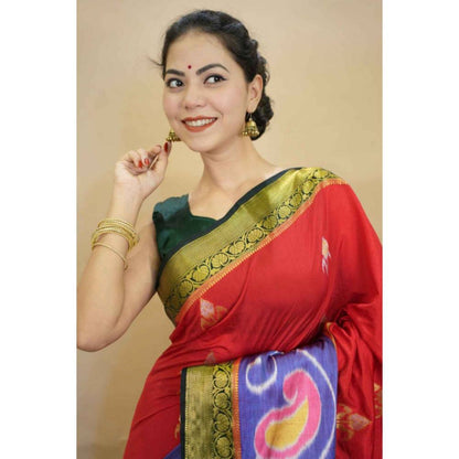 Isadora Life Womens Printed Zari Red Pre-Draped Saree with Unstitched Blouse