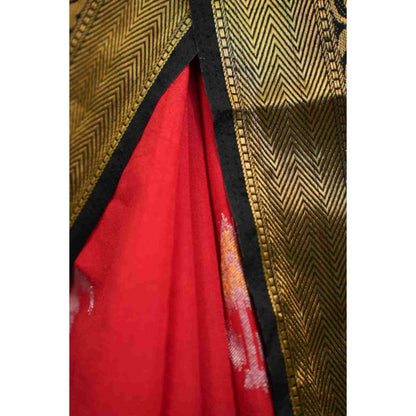 Isadora Life Womens Printed Zari Red Pre-Draped Saree with Unstitched Blouse