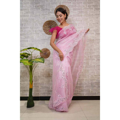 Isadora Life Womens Mirror Work Sequined Pink Pre-Draped Saree with Unstitched Blouse