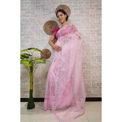 Isadora Life Womens Mirror Work Sequined Pink Pre-Draped Saree with Unstitched Blouse